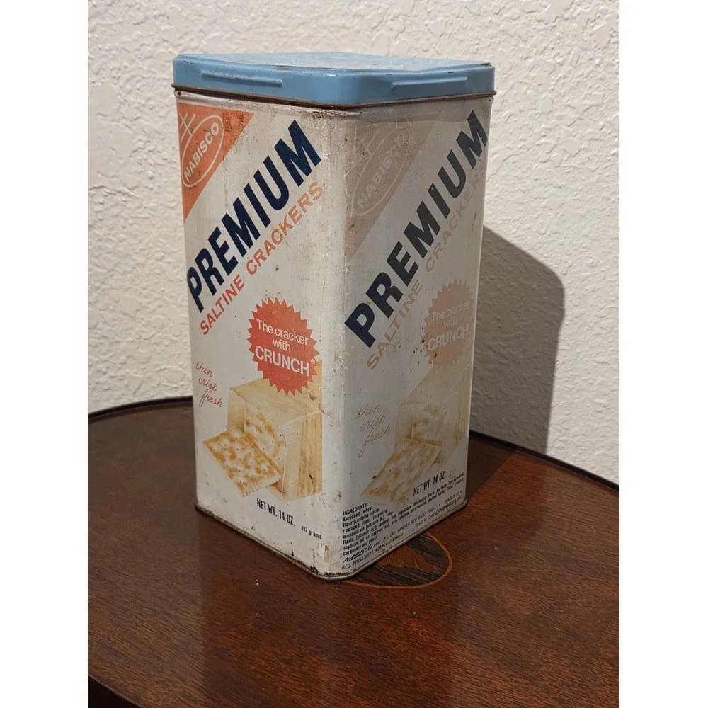 Vintage Nabisco Premium Saltine Crackers Tin 14 oz Blue Lid Advertising Decor‎